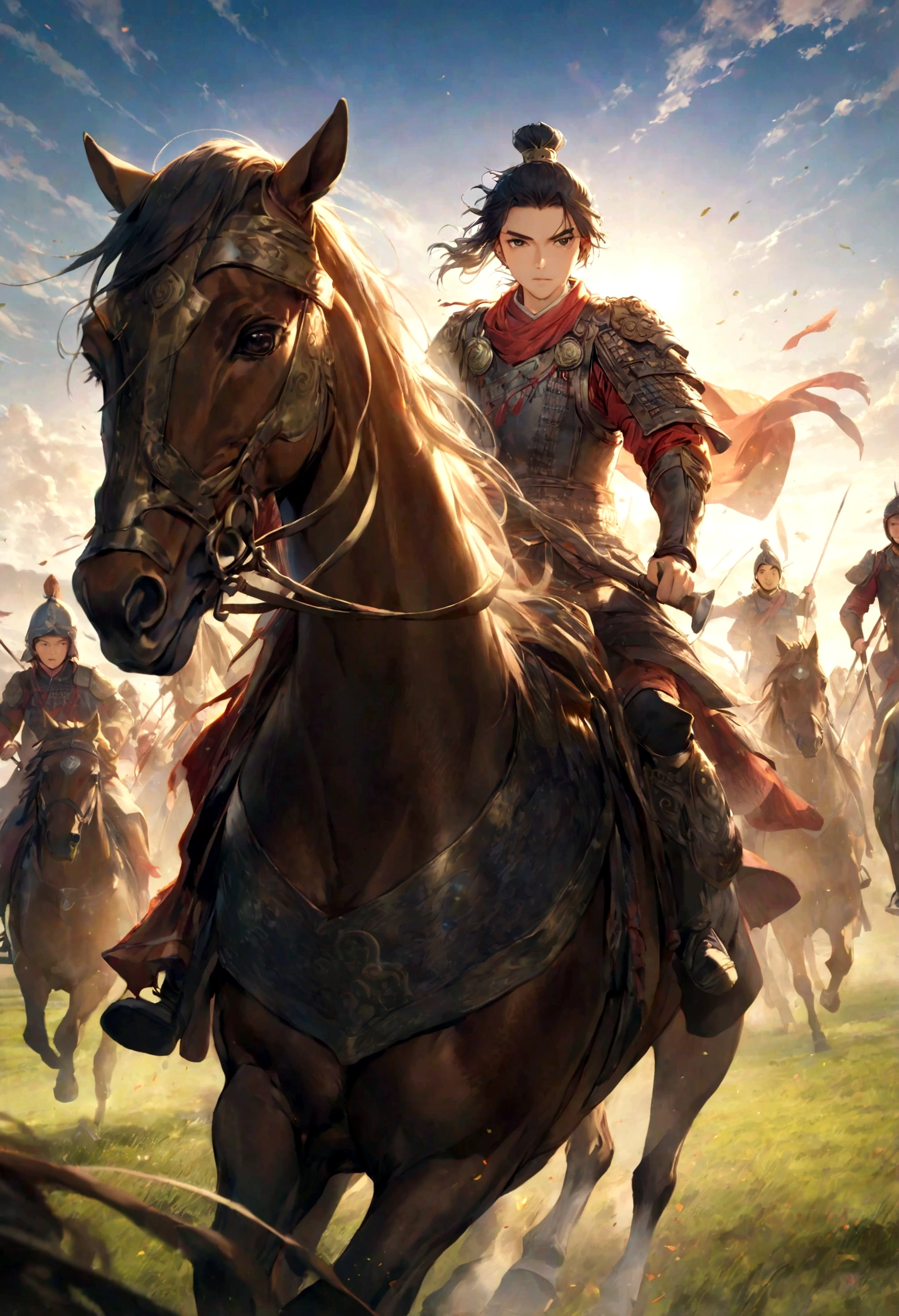 Huo Qu disease,Young General,Leading the cavalry,Galloping on the Grassland,The background is a vast grassland,The sky is blue,Sunshine,Dynamic