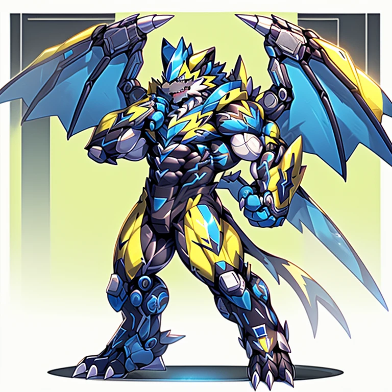 (ZERAORA, 8K), (Zeraora's giant robot, Powered exoskeleton with the same design as Zeraora), (Masterpiece, highres) (Detailed head, Detailed Body, Detailed abs, full body) (gigantic muscles, Gigachad Muscular, big muscle, pecs, triceps, traps, unusually developed muscular body, body full of huge muscles. showing off muscles, pectorales enormes, Exaggeratedly huge muscles.) (nj5furry, The claws are sharp, Sharp teeth, sharp claws), (long legs), (Spread wings, It has wings, have big wings, golden wings), (Wrestling, wrestler, the bodybuilding), (It has wings, whole body shines like metal, Wearing cyberpunk mecha, emphasizes the muscles, suit fully made of metal, intricate armor, Robotic suit, suit fully made of metal, cyborg),