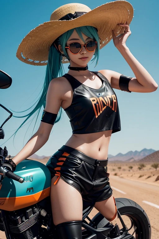 Hatsune miku wearing a sombrero with orange shades and black croptop on a motorcycle on a desert road