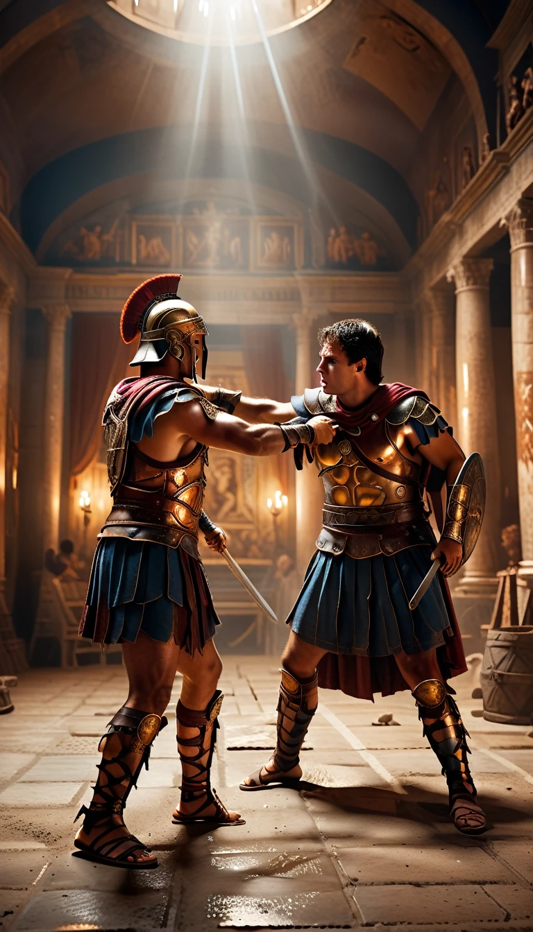 Cinematic style, Intense gladiator duel, set in ancient Rome, historical painting, background dark, hyper realistic, ultra detailed hyper realistic, photorealistic, Studio Lighting, reflections, Cinematic, Color Grading, Photography, Shot on 50mm lens, Ultra-Wide Angle, Depth of Field, hyper-detailed, beautifully color, 8k, golden light from the front