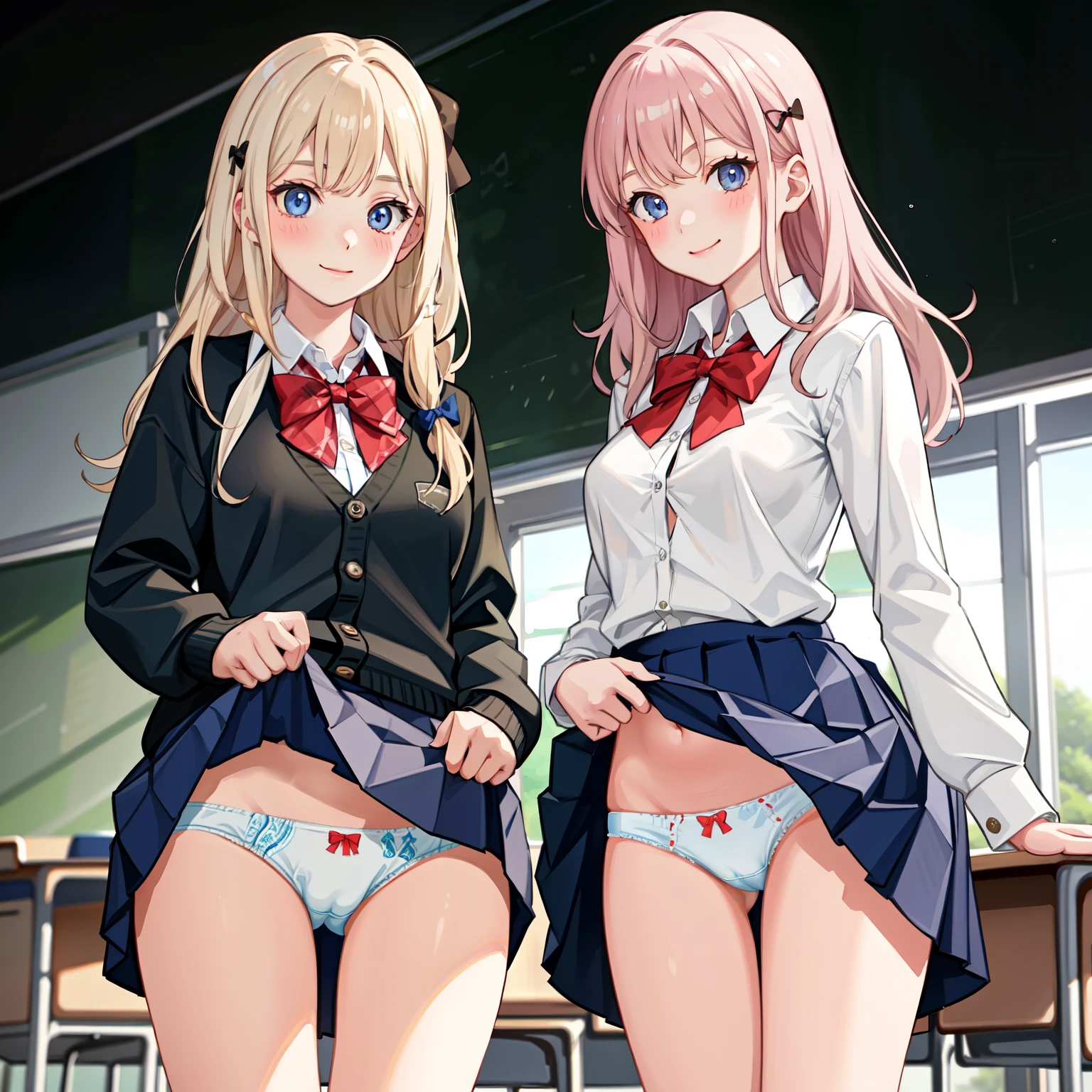 highest quality,masterpiece,((2 girls)),Small ,(fun!!), (cardigan), (blush:1.3), blonde,(smile:1.3), (黒いskirt),bow, button,rt with collar, Long sleeve, ((red bow tie, , Black jacket, Open jacket, cardigan, white shirt, 黒のskirt, チェック柄のskirt)), shirt, skirt, white shirt, Rest indoors, ((classroom:1.5)), BREAK while watching the audience, Cowboy Shot.(skirt lift:1.3), (White panties:1.3rt that rolls up:1.3),(Full-fledged panties:1.5), Ligheyes, Glowing Eyes, Long Hair