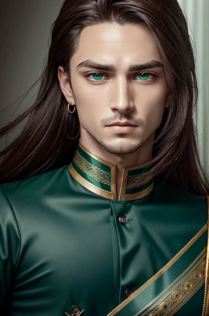 A man with piercing emerald green eyes, a slight demonic gaze, captivating and intense expression, a noble and highly detailed photorealistic face, god-like visage, 4k, 8k, highres, masterpiece, ultra-detailed, realistic, vivid colors, studio lighting, sharp focus, physically-based rendering, extreme detail description, professional