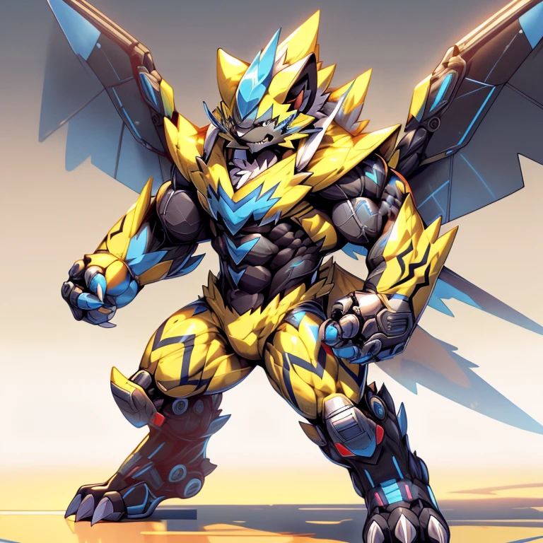 (ZERAORA, 8K), (Zeraora's giant robot, Powered exoskeleton with the same design as Zeraora), (Masterpiece, highres) (Detailed head, Detailed Body, Detailed abs, full body) (gigantic muscles, Gigachad Muscular, big muscle, pecs, triceps, traps, unusually developed muscular body, body full of huge muscles. showing off muscles, pectorales enormes, Exaggeratedly huge muscles.) (nj5furry, The claws are sharp, Sharp teeth, sharp claws), (long legs), (Spread wings, It has wings, have big wings, golden wings), (Wrestling, wrestler, the bodybuilding), (It has wings, whole body shines like metal, Wearing cyberpunk mecha, emphasizes the muscles, suit fully made of metal, intricate armor, Robotic suit, suit fully made of metal, cyborg), 