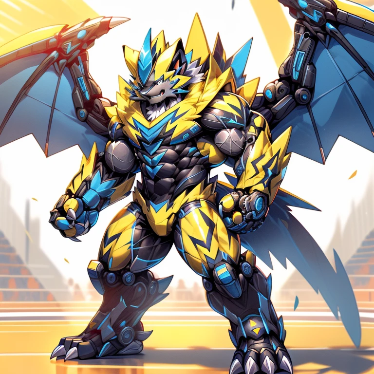 (ZERAORA, 8K), (Zeraora's giant robot, Powered exoskeleton with the same design as Zeraora), (Masterpiece, highres) (Detailed head, Detailed Body, Detailed abs, full body) (gigantic muscles, Gigachad Muscular, big muscle, pecs, triceps, traps, unusually developed muscular body, body full of huge muscles. showing off muscles, pectorales enormes, Exaggeratedly huge muscles.) (nj5furry, The claws are sharp, Sharp teeth, sharp claws), (long legs), (Spread wings, It has wings, have big wings, golden wings), (Wrestling, wrestler, the bodybuilding), (It has wings, whole body shines like metal, Wearing cyberpunk mecha, emphasizes the muscles, suit fully made of metal, intricate armor, Robotic suit, suit fully made of metal, cyborg), 