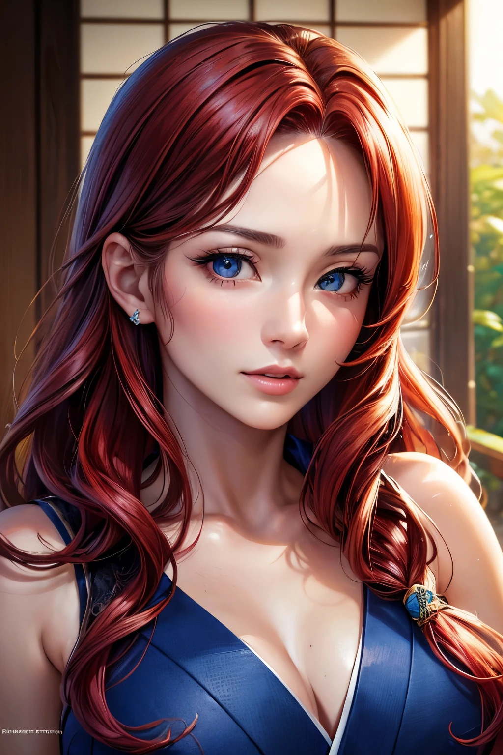 Hot 30-year-old woman, (Masterpiece: 1.4), (32K, Photorealistic, High-quality Photos, Best Quality: 1.4), (One Woman), Alluring Face, (Realistic Face: 1.4), (Long, wavy, red hair: 1.3), Seductive Hairstyle, Intense Blue Eyes, Seductive Detailed Eyes, (Real Skin: 1.3), Alluring Skin, Exotic, Ultra High Resolution, Ultra-realistic, High Definition, Golden Ratio, (Detailed Face: 1.4), (Japanese Actress:
