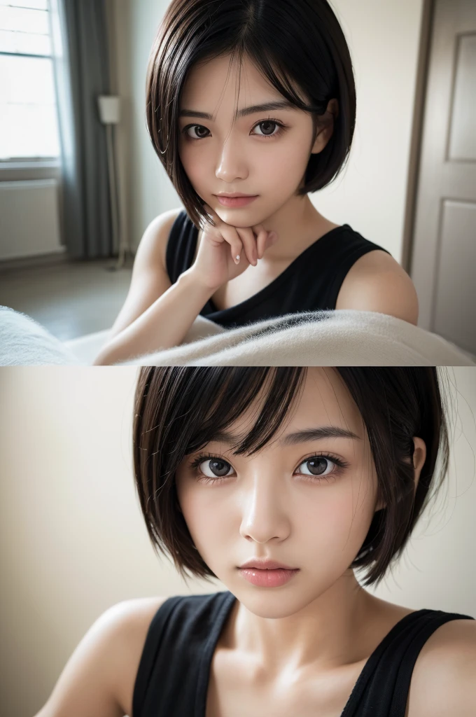 (High resolution:1.3), (16k, Photorealistic, Raw photo, Best image quality: 1.4), Japanese, (One Girl), Beautiful Face, (A vivid face), (Black-haired、short hair:1.3), Beautiful Hairstyles, Realistic eyes, Beautifully detailed eyes, (Realistic Skin), Beautiful skins, attractive, 超A high resolution, Surreal, High detail, Golden Ratio, Highly detailed cute girl,(20-year-old), room, Photos taken by yourself on your smartphone