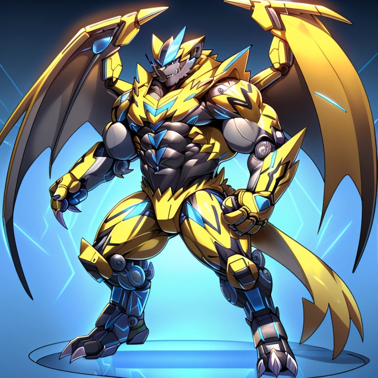(ZERAORA, 8K), (Zeraora's giant robot, Powered exoskeleton with the same design as Zeraora), (Masterpiece, highres) (Detailed head, Detailed Body, Detailed abs, full body) (gigantic muscles, Gigachad Muscular, big muscle, pecs, triceps, traps, unusually developed muscular body, body full of huge muscles. showing off muscles, pectorales enormes, Exaggeratedly huge muscles.) (nj5furry, The claws are sharp, Sharp teeth, sharp claws), (long legs), (Spread wings, It has wings, have big wings, golden wings), (Wrestling, wrestler, the bodybuilding), (It has wings, whole body shines like metal, Wearing cyberpunk mecha, emphasizes the muscles, suit fully made of metal, intricate armor, Robotic suit, suit fully made of metal, cyborg),