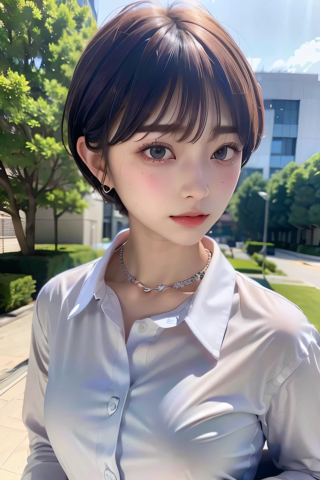 (highest quality:1.3)、(Masterpiece:1.4)、Raw photo、8K、((Best image quality))、 ((High resolution))、Beautiful face in every detail、Realistic human skin、Gentle expression、(Cute natural anime face)、(One Woman:1.3)、Realistic、Photorealistic、short hair、(Beautiful woman)、((Cool Japan girl))、(boyish:1.3)、mannish、((Beautiful woman))、(Beautiful Hair)、((Dark brown hair))、(Blushing:1.5)、(Fashion Model:1.3)、(Every woman admires her face:1.3)、((Her eyes are big))、20 year old beauty、(Small face)、Small Head、((Long neck))、(High school girls)、uniform、(Japanese high school uniform)、(High school girlsのuniform)、((White button-up shirt))、(A shirt with a wide open chest)、Collared shirt、(necklace)、(The aspirations of young people)、((The center of attention in school))、everyone will love her、(You can almost see your cleavage)、sexual excitement、Thick chain collar、(Changing clothes)