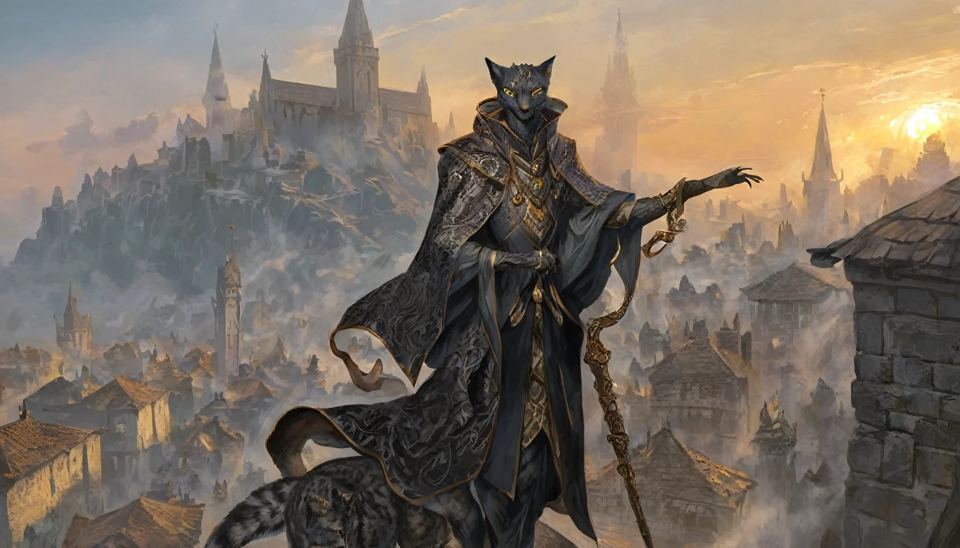 a male khajiit, expressive eyes, black patterned clothes dress, jojo poses, big medieval city in sunset in background, detail richness, masterpiece, best quality, The Elder Scrolls style