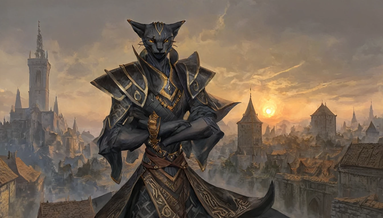 a male khajiit, expressive eyes, black patterned clothes dress, jojo poses, big medieval city in sunset in background, detail richness, masterpiece, best quality, The Elder Scrolls style