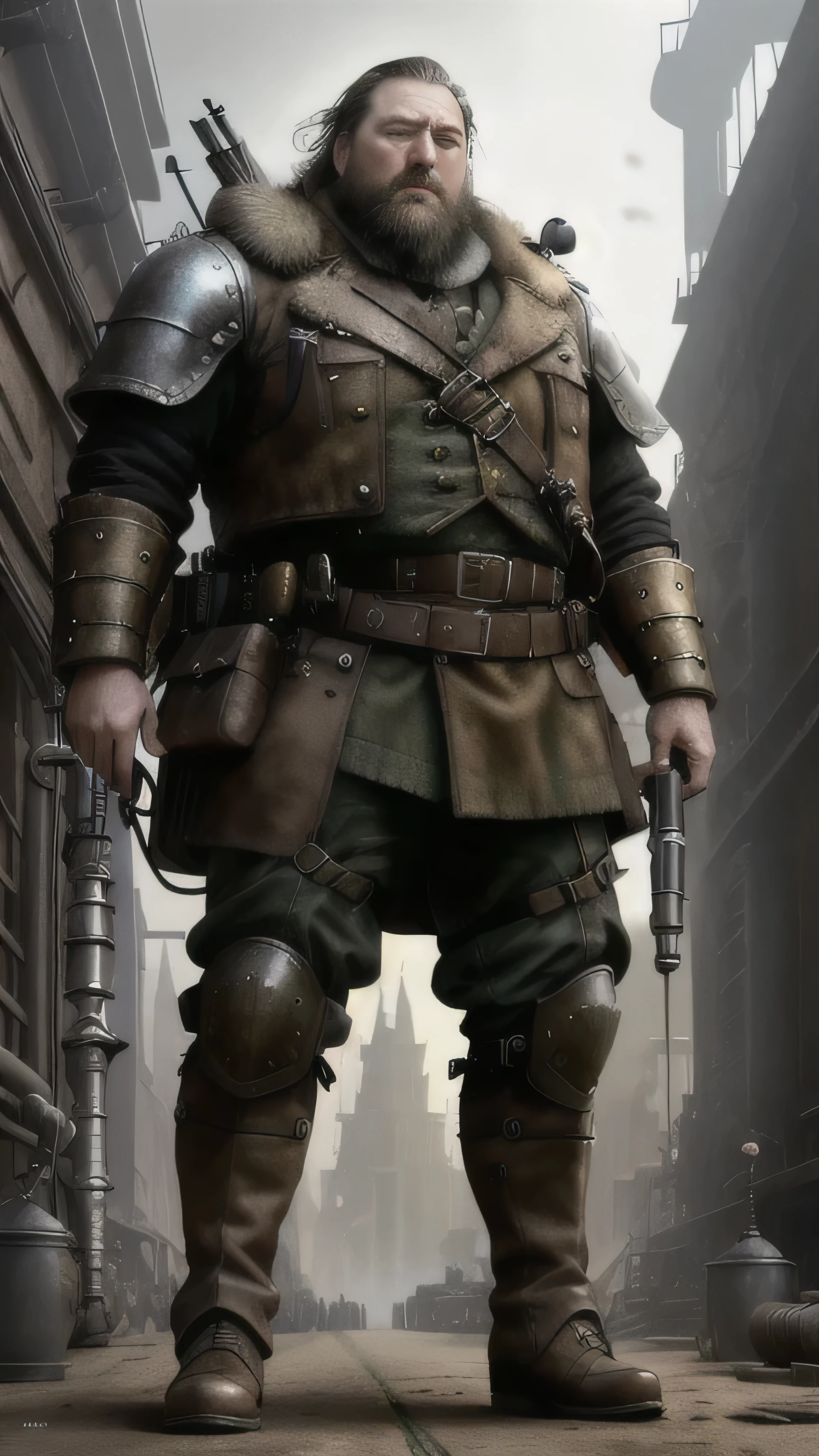 dieselpunkai, (Mark Addy) as Robert Baratheon, a dieselpunk general, long dieselpunk beard, yellow and brown dieselpunk general armor, dieselpunk boots, standing, near a dieselpunk helicopter, Game of Thrones, (1man), (solo), (full body view), beautiful detailed glow, detailed, cinematic light, intricate detail, realistic, highres, detailed facial features, high detail, sharp focus, smooth, aesthetic, extremely detailed, stamp, octane render