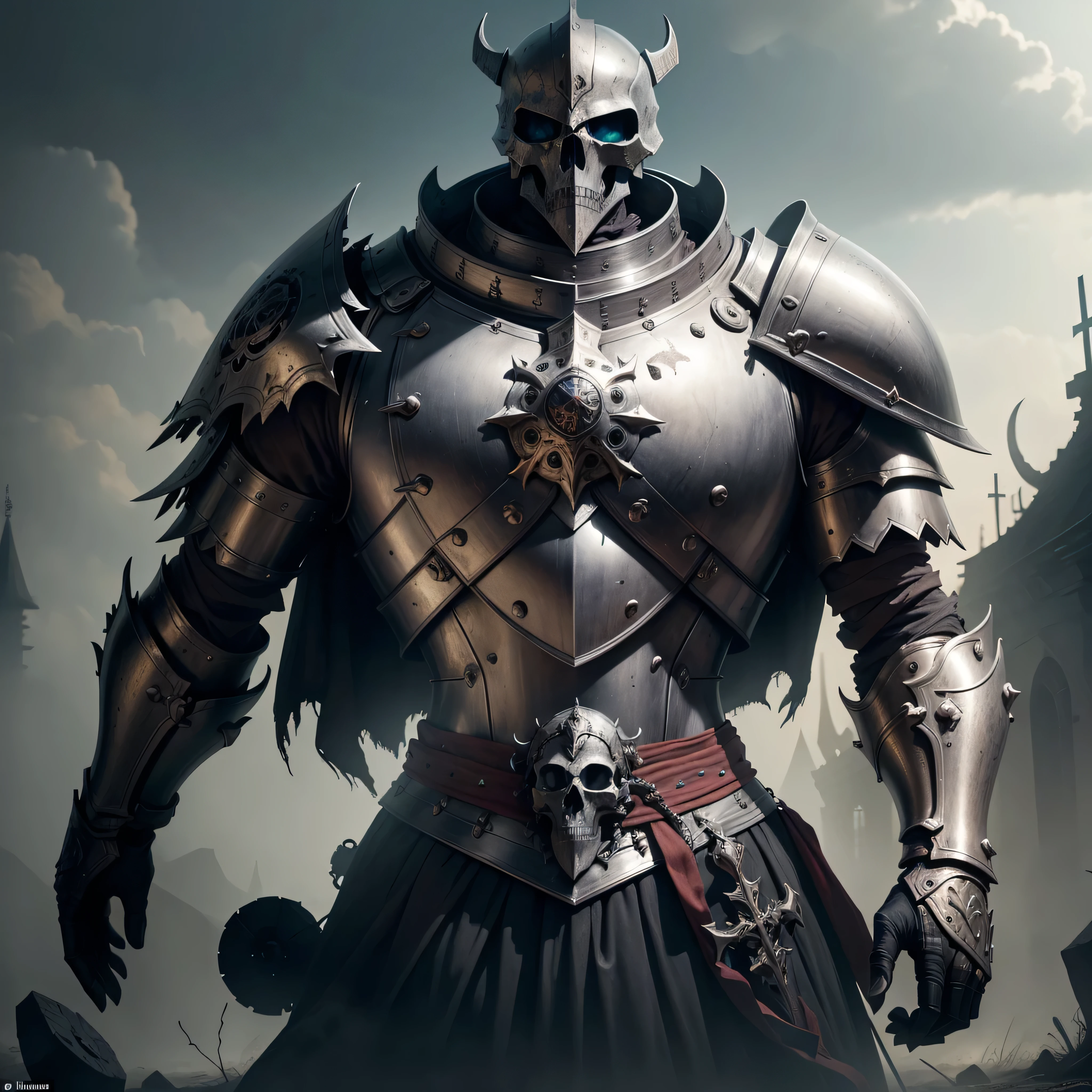 Noble Knight in Shattered Armor: A Majestic Skull Echoes Echoes of a Warrior's Past
In the dim, ethereal light, a grand sight comes to life – that of a noble knight, clad in ornate armor, now shattered and reclaimed by the cold embrace of the grave. The once gleaming metal, scarred and tarnished, now bears witness to the countless battles this knight had fought in a time long past. But the most intriguing relic of all is the knight's helm, broken open to reveal a majestic skull gazing out upon the world with steely, unblinking eyes. The battle-w