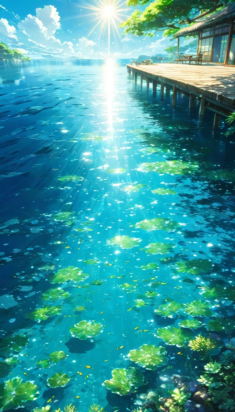 Tropics, lagoon, Water Cottage, Resort, Emerald green, turquoise blue, transparency, 太Sunlight, reflection, water surface, Sea surface, Shallow water, shallow water, White Sand, rock, Coral Reef, Tropics魚, Shadow, cliff, green, blue sky, White cloud, bright々, Paradise, beautiful, Spectacular views, trip, vacation, Silence, green豊か, Fantasy, Healing, water surfaceすれすれ, water surface際, water surface直上, Looking up, Low - Angle, Streaks of Light, Sunlight, Sparkling, Shine, Curtain of light, water surfacereflection , beautiful Anime Scenery, Landscape painting, beautifulデジタル絵画, Andreas Rocha, beautifulアートワークのイラスト, Awesome Wallpapers, Raymond Han, 背の高いbeautiful絵画, Studio Greeble Makoto Shinkai, beautiful壁紙, Anime Scenery