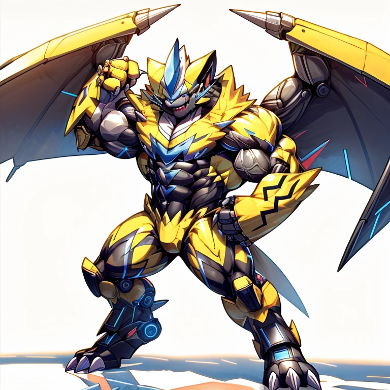 (ZERAORA, 8K), (Zeraora's giant robot, Powered exoskeleton with the same design as Zeraora), (Masterpiece, highres) (Detailed head, Detailed Body, Detailed abs, full body) (gigantic muscles, Gigachad Muscular, big muscle, pecs, triceps, traps, unusually developed muscular body, body full of huge muscles. showing off muscles, pectorales enormes, Exaggeratedly huge muscles.) (nj5furry, The claws are sharp, Sharp teeth, sharp claws), (long legs), (Spread wings, It has wings, have big wings, golden wings), (Wrestling, wrestler, the bodybuilding), (It has wings, whole body shines like metal, Wearing cyberpunk mecha, emphasizes the muscles, suit fully made of metal, intricate armor, Robotic suit, suit fully made of metal, cyborg),