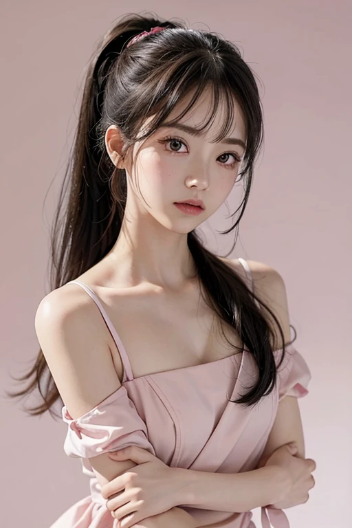 masterpiece, highest quality, High resolution,ponytail, Red eyes, One girl, alone, eyelash, Neck ribbon, No sleeve, bangs, clavicle, Bare arms, Pink Dress , white background, front, No view, Looking at the audience,Upper Body, In-person audience, solid color background, clean background, To the camera, High resolution, Expressionless calm face, 白色のbackground, avert your eyes, Simple_background,Real,