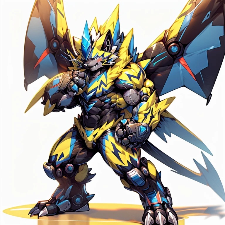 (ZERAORA, 8K), (Zeraora's giant robot, Powered exoskeleton with the same design as Zeraora), (Masterpiece, highres) (Detailed head, Detailed Body, Detailed abs, full body) (gigantic muscles, Gigachad Muscular, big muscle, pecs, triceps, traps, unusually developed muscular body, body full of huge muscles. showing off muscles, pectorales enormes, Exaggeratedly huge muscles.) (nj5furry, The claws are sharp, Sharp teeth, sharp claws), (long legs), (Spread wings, It has wings, have big wings, golden wings), (Wrestling, wrestler, the bodybuilding), (It has wings, whole body shines like metal, Wearing cyberpunk mecha, emphasizes the muscles, suit fully made of metal, intricate armor, Robotic suit, suit fully made of metal, cyborg),