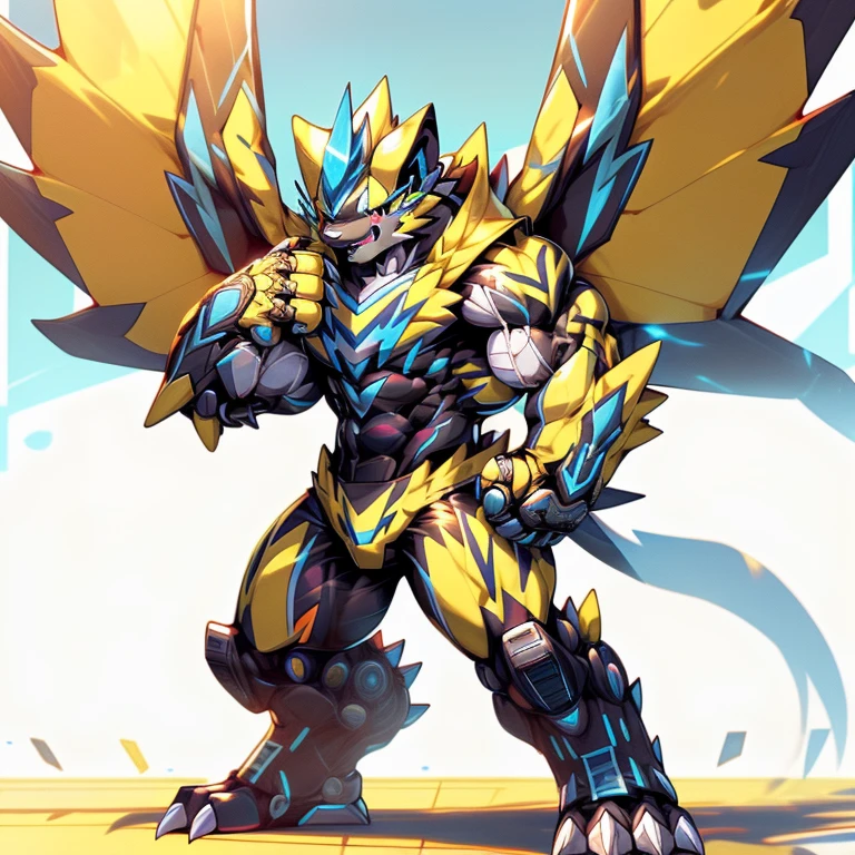 (ZERAORA, 8K), (Zeraora's giant robot, Powered exoskeleton with the same design as Zeraora), (Masterpiece, highres) (Detailed head, Detailed Body, Detailed abs, full body) (gigantic muscles, Gigachad Muscular, big muscle, pecs, triceps, traps, unusually developed muscular body, body full of huge muscles. showing off muscles, pectorales enormes, Exaggeratedly huge muscles.) (nj5furry, The claws are sharp, Sharp teeth, sharp claws), (long legs), (Spread wings, It has wings, have big wings, golden wings), (Wrestling, wrestler, the bodybuilding), (It has wings, whole body shines like metal, Wearing cyberpunk mecha, emphasizes the muscles, suit fully made of metal, intricate armor, Robotic suit, suit fully made of metal, cyborg),