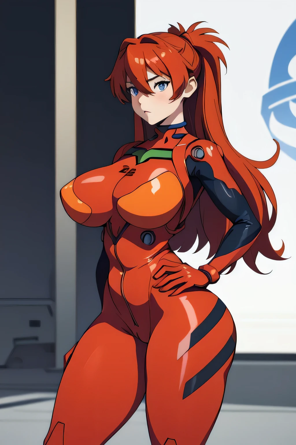 (masterpiece, best quality), 1girl, beautiful face, beautiful body, souryuu_asuka_langley, plugsuit, bodysuit, interface headset, red bodysuit, hair between eyes, pilot suit, mature woman, huge breasts, sexy, seductive, adult woman, thick woman, curvy, curvaceous, wide hips, thick thighs, voluptuous