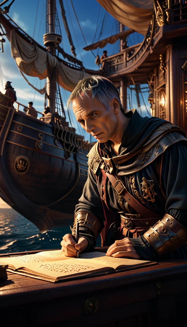 Cinematic style, Julius Caesar writing poetry on a pirate ship, background dark, hyper realistic, ultra detailed hyper realistic, photorealistic, Studio Lighting, reflections, Cinematic, Color Grading, Photography, Shot on 50mm lens, Ultra-Wide Angle, Depth of Field, hyper-detailed, beautifully color, 8k, golden light from the front,