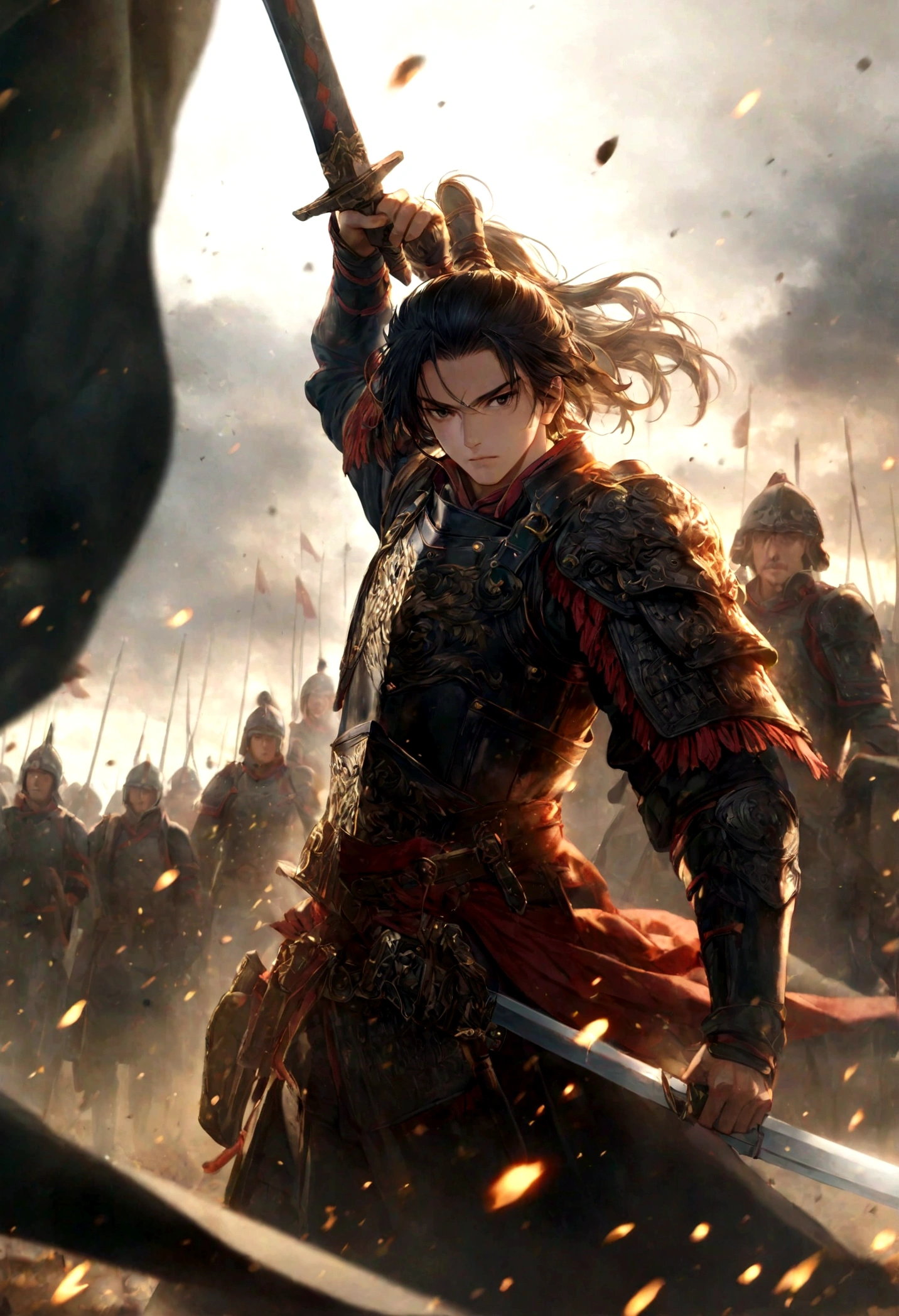 Young General, Handsome, Wearing armor, Holding a long sword in one hand, The other hand holds the reins tightly, Rise up immediately, Firm eyes, Look forward, Followed by elite cavalry, Magnificent, battlefield