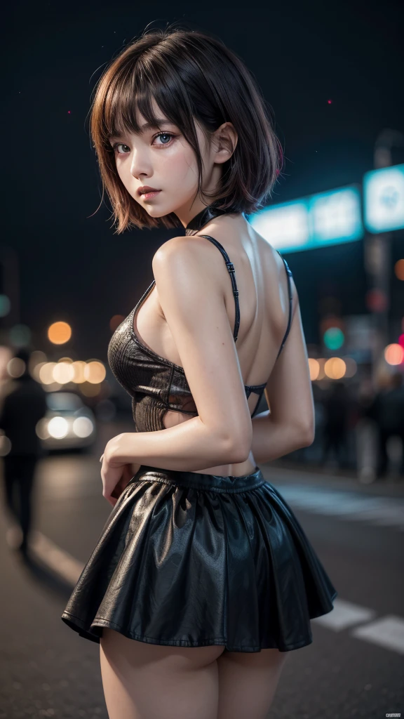 ((Artwork)), (Best Quality),, Official Art, Extremely Detailed 8k CG Unit Wallpaper, Highly Detailed, Bright Skin, Depth of Field, Vivid Color, 1 Girl, (Curvy:0.4), (Full Body:0.6),, Short Hair, Bangs, Red Eyes, Skirt, Looking at Viewer, Night, Street, Neon, Looking Back, Star (Sky), Crowd, Trunk,