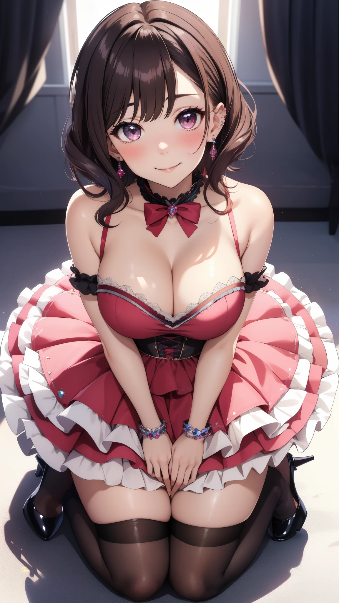 masterpiece, best quality, highres, 1girl, gradient hair, jewelry, earrings, piercing, glossy lips, light smile, blush, idol dress, puffy skirt, flared skirt, high heels, thigh highs, cleavage, kitagawa marin, aichan, kneeling, from above, looking up at viewer, short curly hair