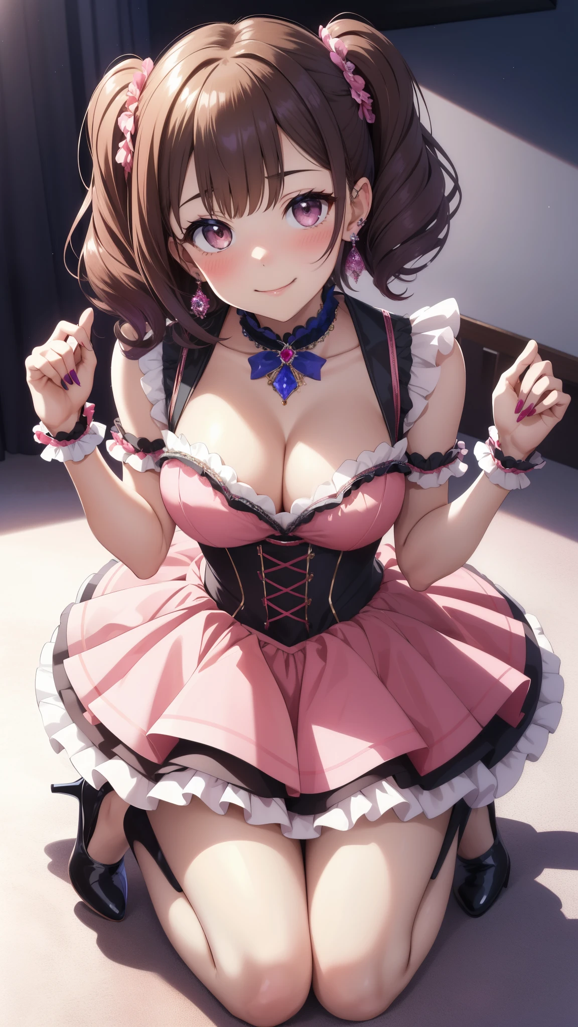 masterpiece, best quality, highres, 1girl, gradient hair, jewelry, earrings, piercing, glossy lips, light smile, blush, idol dress, puffy skirt, flared skirt, high heels, thigh highs, cleavage, kitagawa marin, aichan, kneeling, from above, looking up at viewer, short curly hair
