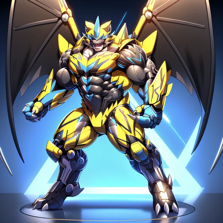(ZERAORA, 8K), (Zeraora's giant robot, Powered exoskeleton with the same design as Zeraora), (Masterpiece, highres) (Detailed head, Detailed Body, Detailed abs, full body) (gigantic muscles, Gigachad Muscular, big muscle, pecs, triceps, traps, unusually developed muscular body, body full of huge muscles. showing off muscles, pectorales enormes, Exaggeratedly huge muscles.) (nj5furry, The claws are sharp, Sharp teeth, sharp claws), (long legs), (Spread wings, It has wings, have big wings, golden wings), (Wrestling, wrestler, the bodybuilding), (It has wings, whole body shines like metal, Wearing cyberpunk mecha, emphasizes the muscles, suit fully made of metal, intricate armor, Robotic suit, suit fully made of metal, cyborg),