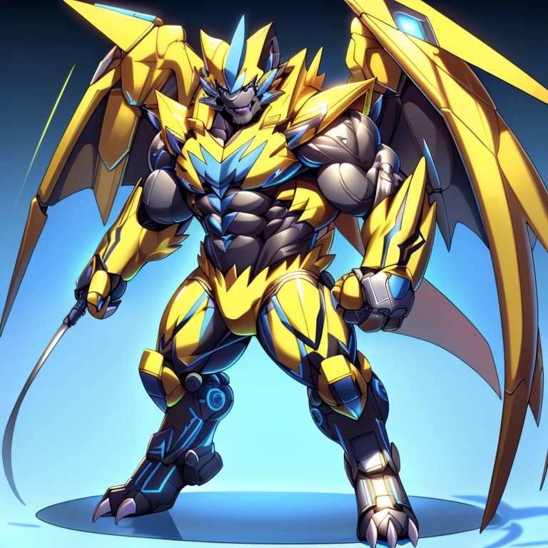 (ZERAORA, 8K), (Zeraora's giant robot, Powered exoskeleton with the same design as Zeraora), (Masterpiece, highres) (Detailed head, Detailed Body, Detailed abs, full body) (gigantic muscles, Gigachad Muscular, big muscle, pecs, triceps, traps, unusually developed muscular body, body full of huge muscles. showing off muscles, pectorales enormes, Exaggeratedly huge muscles.) (nj5furry, The claws are sharp, Sharp teeth, sharp claws), (long legs), (Spread wings, It has wings, have big wings, golden wings), (Wrestling, wrestler, the bodybuilding), (It has wings, whole body shines like metal, Wearing cyberpunk mecha, emphasizes the muscles, suit fully made of metal, intricate armor, Robotic suit, suit fully made of metal, cyborg), 
