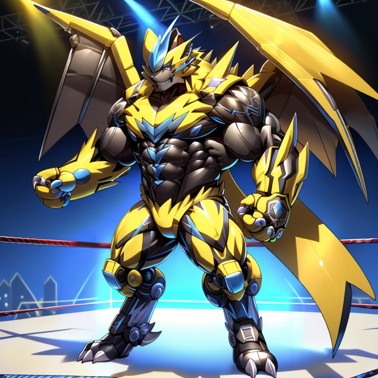 (ZERAORA, 8K), (Zeraora's giant robot, Powered exoskeleton with the same design as Zeraora), (Masterpiece, highres) (Detailed head, Detailed Body, Detailed abs, full body) (gigantic muscles, Gigachad Muscular, big muscle, pecs, triceps, traps, unusually developed muscular body, body full of huge muscles. showing off muscles, pectorales enormes, Exaggeratedly huge muscles.) (nj5furry, The claws are sharp, Sharp teeth, sharp claws), (long legs), (Spread wings, It has wings, have big wings, golden wings), (Wrestling, wrestler, the bodybuilding), (It has wings, whole body shines like metal, Wearing cyberpunk mecha, emphasizes the muscles, suit fully made of metal, intricate armor, Robotic suit, suit fully made of metal, cyborg),