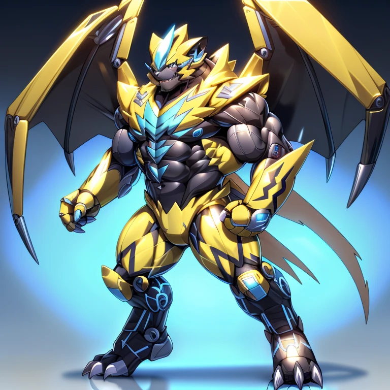 (ZERAORA, 8K), (Zeraora's giant robot, Powered exoskeleton with the same design as Zeraora), (Masterpiece, highres) (Detailed head, Detailed Body, Detailed abs, full body) (gigantic muscles, Gigachad Muscular, big muscle, pecs, triceps, traps, unusually developed muscular body, body full of huge muscles. showing off muscles, pectorales enormes, Exaggeratedly huge muscles.) (nj5furry, The claws are sharp, Sharp teeth, sharp claws), (long legs), (Spread wings, It has wings, have big wings, golden wings), (Wrestling, wrestler, the bodybuilding), (It has wings, whole body shines like metal, Wearing cyberpunk mecha, emphasizes the muscles, suit fully made of metal, intricate armor, Robotic suit, suit fully made of metal, cyborg),