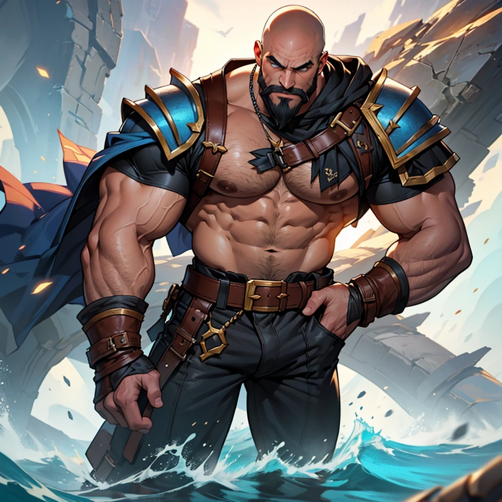 - **Height**: Braum is one of the tallest and largest characters in "League of Legends." He stands over 2 meters tall (about 7 feet).
- **Body**: He has an extremely muscular and robust physique, showcasing his incredible physical strength.
- **Skin**: His skin is a light tan color, indicating frequent exposure to the harsh elements of Freljord.
- **Hair**: Braum has a bald head on top but sports a very thick and long mustache, along with sideburns that connect to his mustache.
- **Eyes**: His eyes are bright blue, reflecting his spirited and kind nature.
- **Clothing**: Braum typically wears thick fur armor and sturdy pants, suitable for the harsh conditions of Freljord.

- **Tattoos**: He has distinctive Freljordian tattoos on his arms and ?????, adding to his warrior and protector appearance.
- **Belt**: Braum also wears a large belt that secures his shield when not in use.

???? art ?????