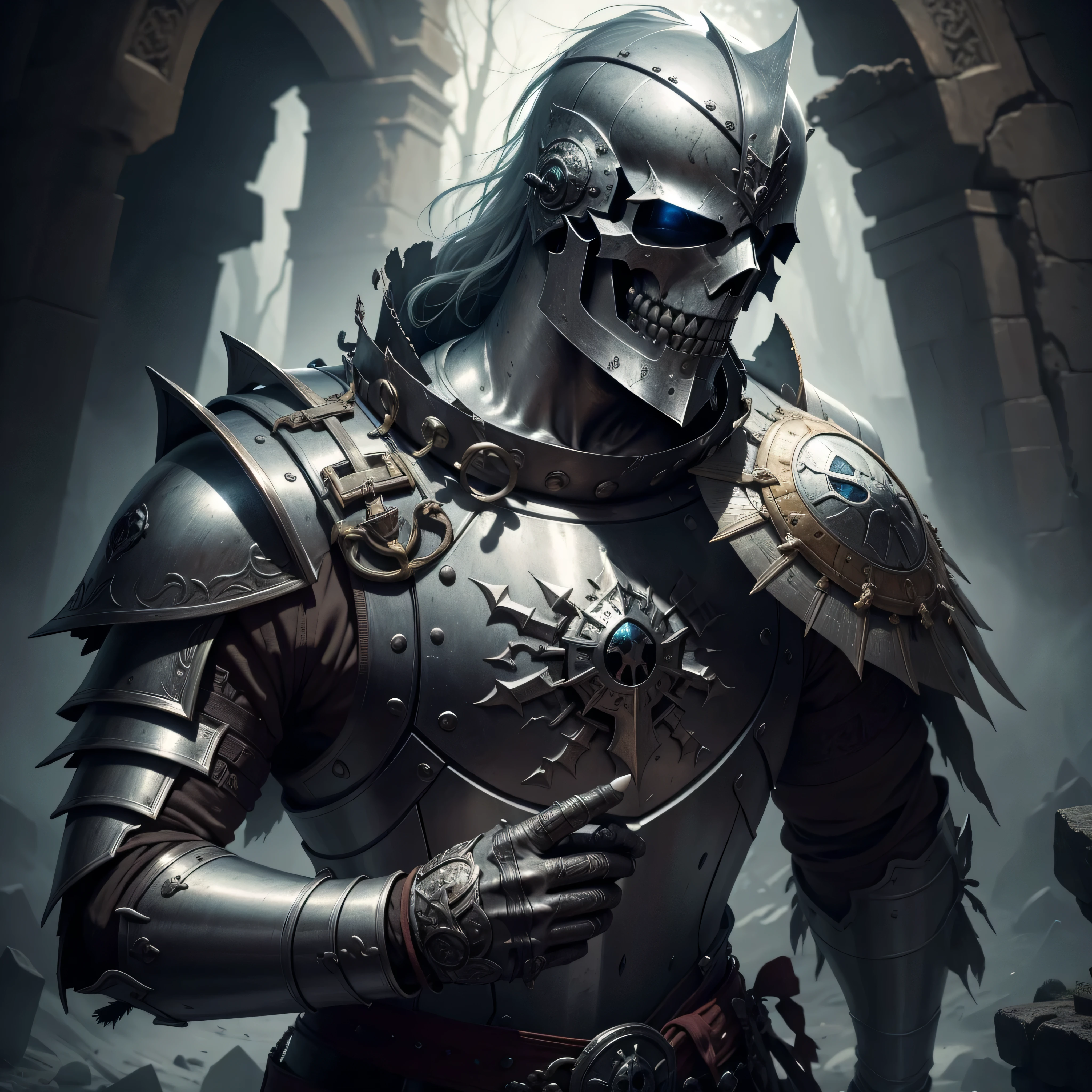 Amidst the ancient ruins of a moonlit citadel, a lone female warrior, clad in sleek black leather armor, emerges from the shadows. Her armor is adorned with intricate engravings that glimmer in the pale moonlight, giving her an air of mystique and danger. A silver skull mask conceals her face, its hollow eyes reflecting the silvery glow of the moon above. In one hand, she holds a pair of razor-sharp daggers, their blades glinting like slivers of moonlight. The citadel's stone walls are covered in ivy and bathed in the soft, ethereal light, casting eerie yet beautiful patterns on the ground. As she moves with grace and lethal precision, her every step seems to echo with a whispered promise of shadows and secrets.  hyperrealism, ultra sharp details, hyperrealistic, photorealistic render, cinematic lighting, 8K ultra HD, artstation, raytracing reflections --auto --s2