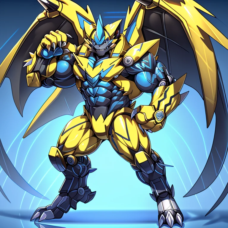 (ZERAORA, 8K), (Zeraora's giant robot, Powered exoskeleton with the same design as Zeraora), (Masterpiece, highres) (Detailed head, Detailed Body, Detailed abs, full body) (gigantic muscles, Gigachad Muscular, big muscle, pecs, triceps, traps, unusually developed muscular body, body full of huge muscles. showing off muscles, pectorales enormes, Exaggeratedly huge muscles.) (nj5furry, The claws are sharp, Sharp teeth, sharp claws), (long legs), (Spread wings, It has wings, have big wings, golden wings), (Wrestling, wrestler, the bodybuilding), (It has wings, whole body shines like metal, Wearing cyberpunk mecha, emphasizes the muscles, suit fully made of metal, intricate armor, Robotic suit, suit fully made of metal, cyborg),