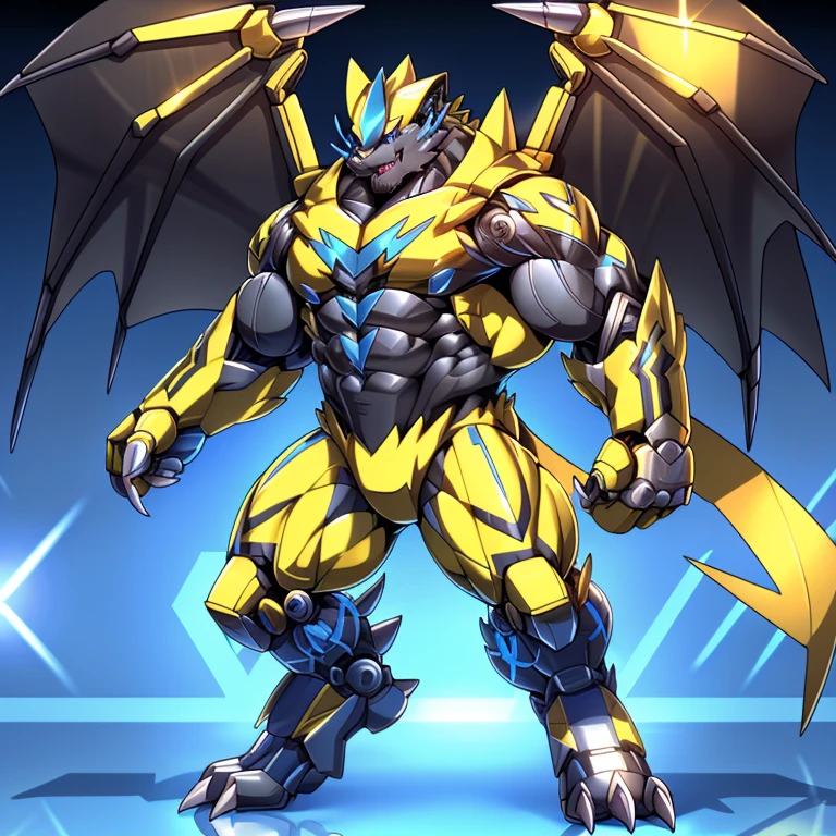 (ZERAORA, 8K), (Zeraora's giant robot, Powered exoskeleton with the same design as Zeraora), (Masterpiece, highres) (Detailed head, Detailed Body, Detailed abs, full body) (gigantic muscles, Gigachad Muscular, big muscle, pecs, triceps, traps, unusually developed muscular body, body full of huge muscles. showing off muscles, pectorales enormes, Exaggeratedly huge muscles.) (nj5furry, The claws are sharp, Sharp teeth, sharp claws), (long legs), (Spread wings, It has wings, have big wings, golden wings), (Wrestling, wrestler, the bodybuilding), (It has wings, whole body shines like metal, Wearing cyberpunk mecha, emphasizes the muscles, suit fully made of metal, intricate armor, Robotic suit, suit fully made of metal, cyborg),