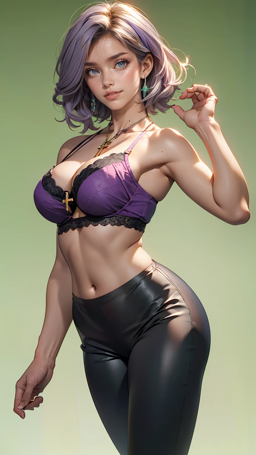 Attractive 24 year old woman、Silver Hair、Shortcuts((short hair))、Purple inner color((colored inner hair))、Front Cross Bra Top((front cross bratop))Wear、Wear leggings、Navel visible、smile、Sexy proportions、Sexy proportions、Pastel Green Background、Sex Appeal Pose