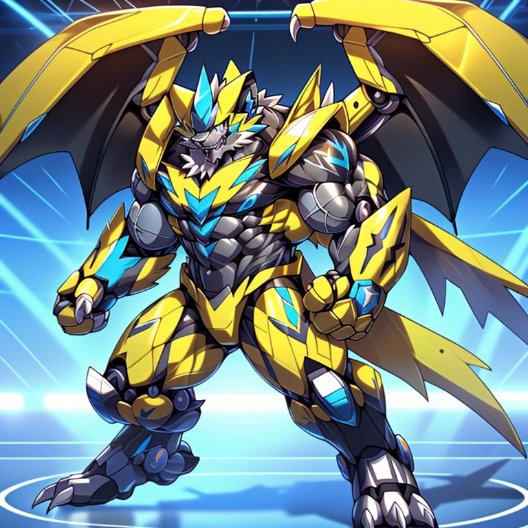 (ZERAORA, 8K), (Zeraora's giant robot, Powered exoskeleton with the same design as Zeraora), (Masterpiece, highres) (Detailed head, Detailed Body, Detailed abs, full body) (gigantic muscles, Gigachad Muscular, big muscle, pecs, triceps, traps, unusually developed muscular body, body full of huge muscles. showing off muscles, pectorales enormes, Exaggeratedly huge muscles.) (nj5furry, The claws are sharp, Sharp teeth, sharp claws), (long legs), (Spread wings, It has wings, have big wings, golden wings), (Wrestling, wrestler, the bodybuilding), (It has wings, whole body shines like metal, Wearing cyberpunk mecha, emphasizes the muscles, suit fully made of metal, intricate armor, Robotic suit, suit fully made of metal, cyborg), 