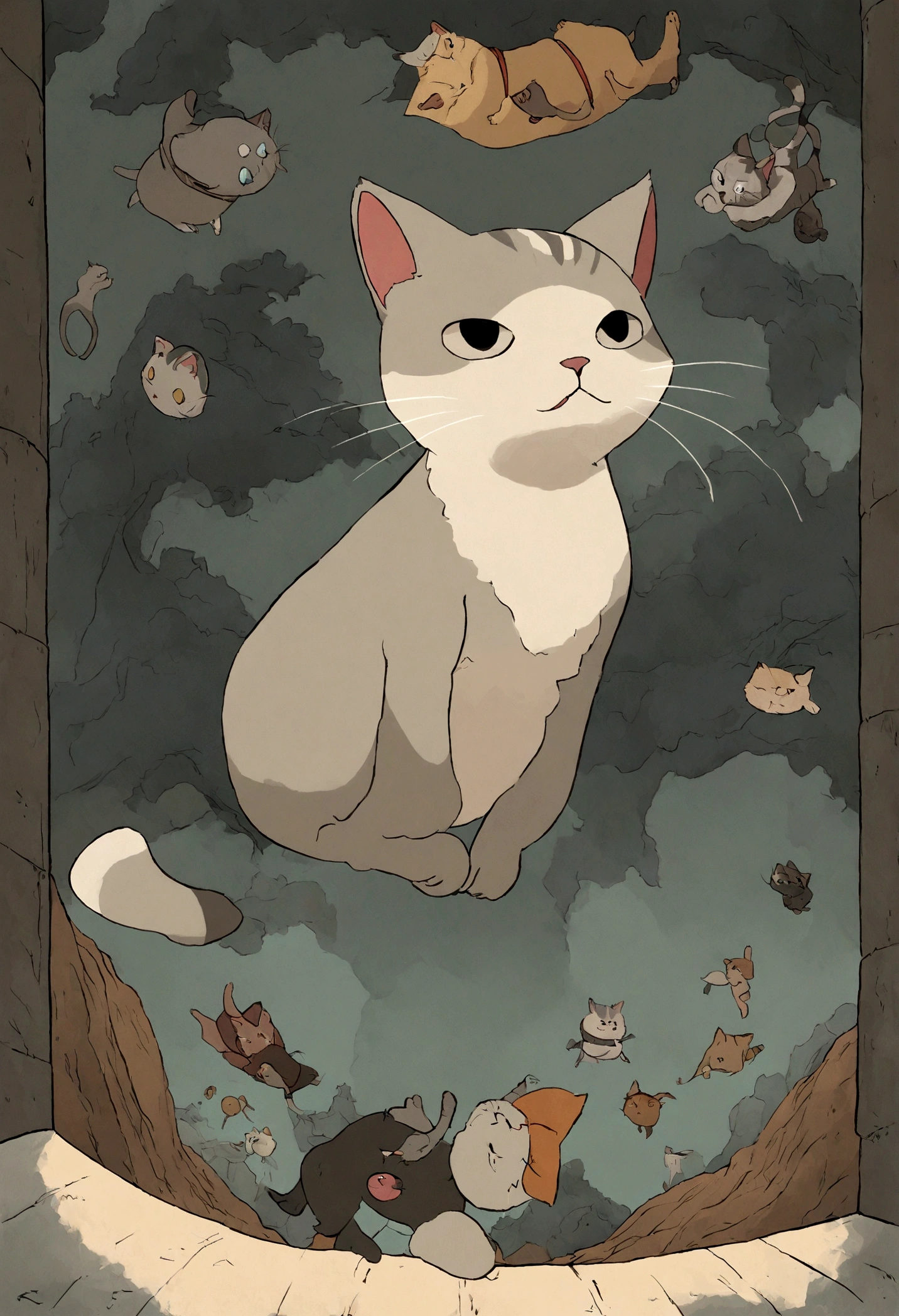 super gato, Dark grey Tabby cat with white bottom, studio_ghibli_anime_style style, 2d