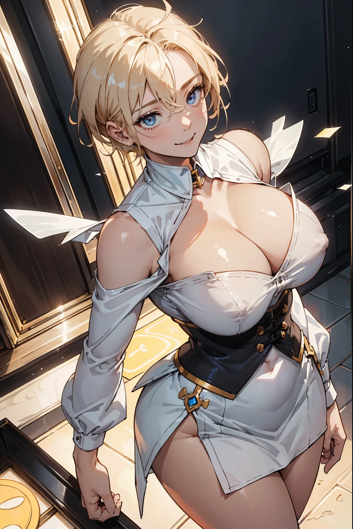Top quality、Realistic touch,High Detail、Photorealistic、advanced、Long body、captive beauty、big eyes、Thick golden eyelashes、Platinum Blonde、whole body、Bright Eyes、A submissive smile、cheeks flushed、Kamiaki、Thin waist、Plump thighs、Look of ecstasy、side fringe、Prominent forehead、Sleeveless、High school students wearing 、The skirt is very short、No cleavage exposed、Fogg side breast、High tie、Bust-enhancing corsets、In the futuristic classroom、 armband、High Leg Raise、simple decoration、smiley face、Thick shirt(((Large Breasts)))