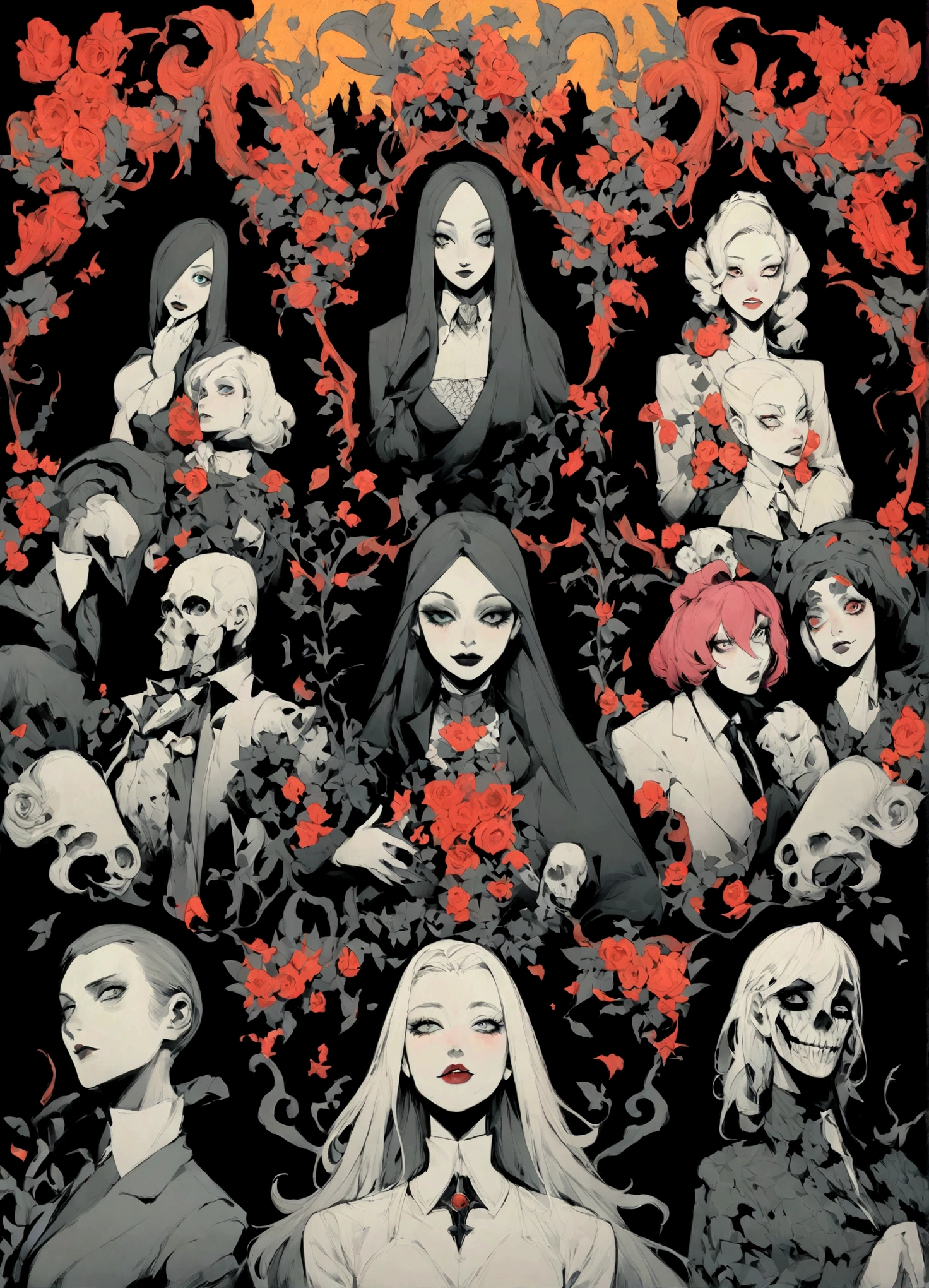 Wedding. Couple. Kissing. Dark. In the style of Adrian Ghenie, Esao Andrews, Jenny Saville, Edward Hopper, surrealism, Dark Art par James Jean, Takato Yamamoto, Minimalisme inkpunk. Dans le style Tim Burton. Dans le style Addams Family. Gothic. Dans le style de Guweiz. Dans le style de Shadbase. Dans le style de Shadman.
