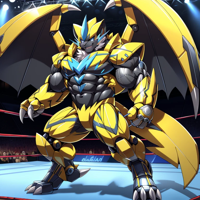 (ZERAORA, 8K), (Zeraora's giant robot, Powered exoskeleton with the same design as Zeraora), (Masterpiece, highres) (Detailed head, Detailed Body, Detailed abs, full body) (gigantic muscles, Gigachad Muscular, big muscle, pecs, triceps, traps, unusually developed muscular body, body full of huge muscles. showing off muscles, pectorales enormes, Exaggeratedly huge muscles.) (nj5furry, The claws are sharp, Sharp teeth, sharp claws), (long legs), (Spread wings, It has wings, have big wings, golden wings), (Wrestling, wrestler, the bodybuilding), (It has wings, whole body shines like metal, Wearing cyberpunk mecha, emphasizes the muscles, suit fully made of metal, intricate armor, Robotic suit, suit fully made of metal, cyborg),