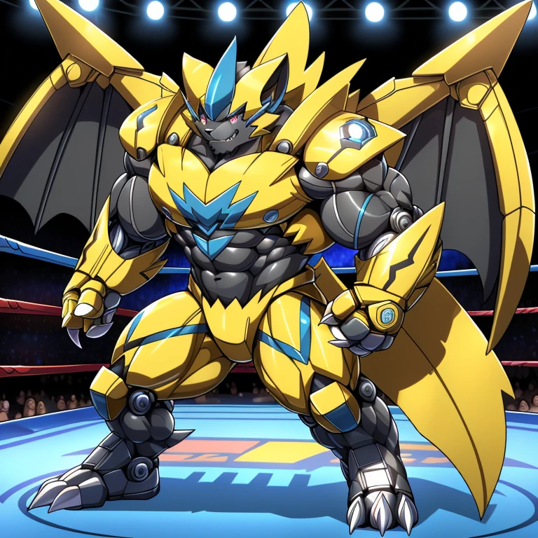 (ZERAORA, 8K), (Zeraora's giant robot, Powered exoskeleton with the same design as Zeraora), (Masterpiece, highres) (Detailed head, Detailed Body, Detailed abs, full body) (gigantic muscles, Gigachad Muscular, big muscle, pecs, triceps, traps, unusually developed muscular body, body full of huge muscles. showing off muscles, pectorales enormes, Exaggeratedly huge muscles.) (nj5furry, The claws are sharp, Sharp teeth, sharp claws), (long legs), (Spread wings, It has wings, have big wings, golden wings), (Wrestling, wrestler, the bodybuilding), (It has wings, whole body shines like metal, Wearing cyberpunk mecha, emphasizes the muscles, suit fully made of metal, intricate armor, Robotic suit, suit fully made of metal, cyborg), 