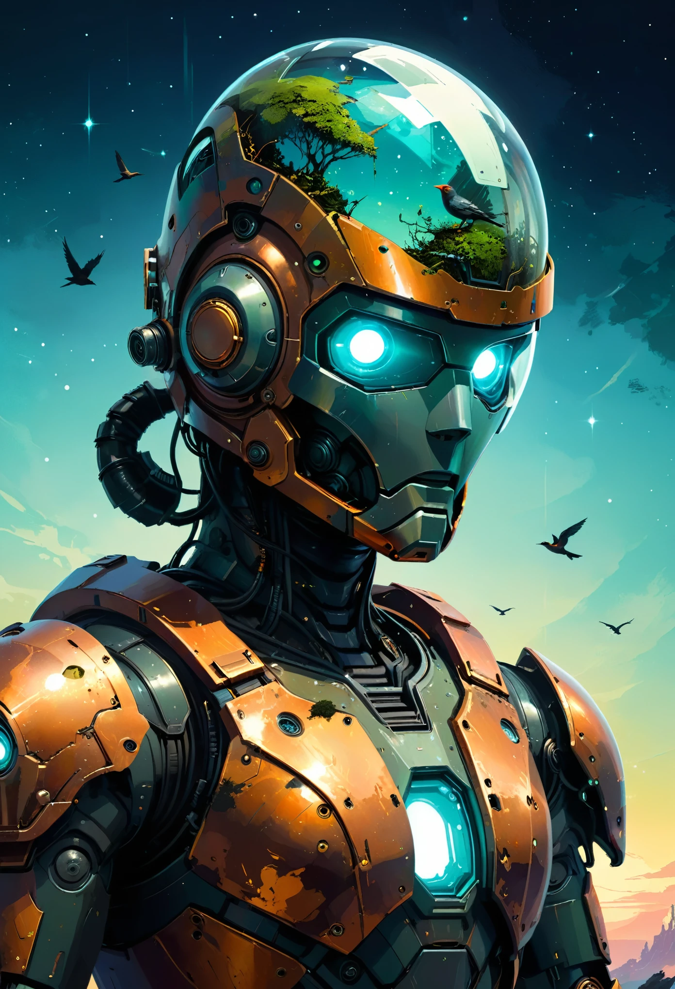 Space art galaxy landscape, concept art, vector, high quality, check the detail information, Unreal Engine, Octane Rendering, Ultra high quality, Ultra-high resolution, Surrealism, painting , drawing by Conrad Roset close up , reflections on helmet a giant robot looking at a bird stopped on its hand , (glass transparent helmet ),bioluminescence,fluorescent helmet, the robot is aged with moss on its rusty bronze armor, night, moonlight shadows, dramatic lighting , gradient pop surrealism , pop art [(details:1.2): [ (many small details:1.3) : [ (many ultrasmall details: 1.2):(very detailed ultrasmall edges and microrelief:1.5):0.7 ]: 0.4 ] :0.2] BREAK
Detailed,(darkness:1.5),(very detailed shadows:1.5),absolute shadows,absolute darkness,body silhouette,