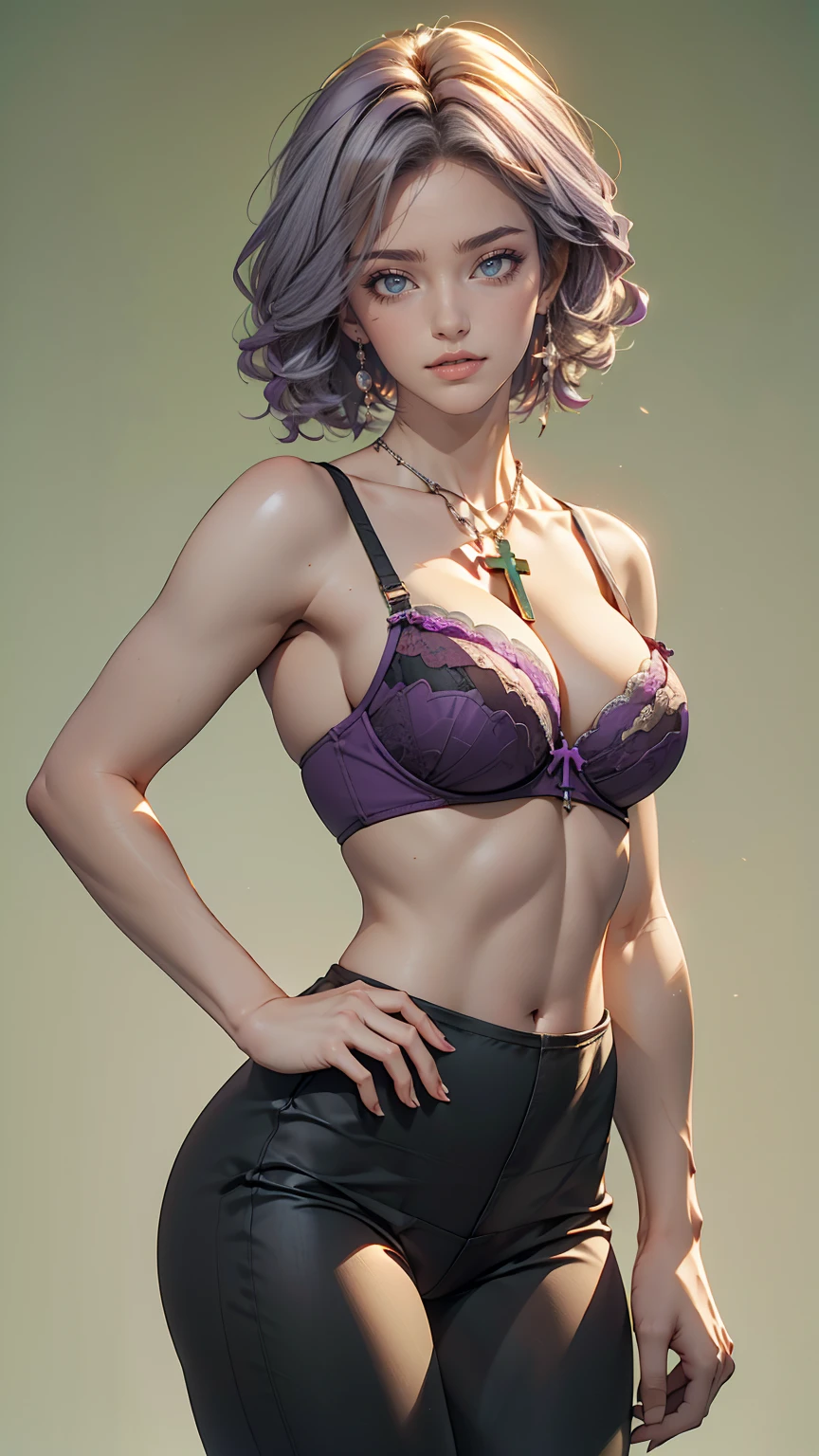 Attractive 24 year old woman、Silver Hair、Shortcuts((short hair))、Purple inner color((colored inner hair))、Front Cross Bra Top((front cross bratop))Wear、Wear leggings、Navel visible、smile、Sexy proportions、Sexy proportions、Pastel Green Background、Sex Appeal Pose