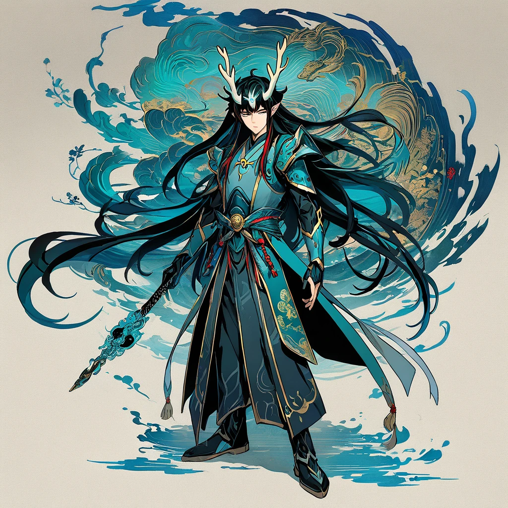 (DAN HENG IMBIBITOR LUNAE), 1man, (detailed eyes and detailed face), masterpiece, best quality, detailed, high resolution illustration), robotic armor, long dark vibrant hair, full body, cool, dark element, Chinese drawing, vibrant color, HDR, shadow, Japan ink drawing, simple no background
