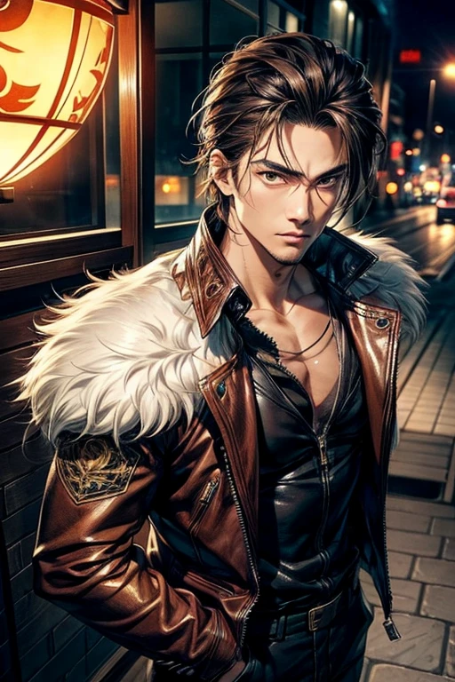 Full body view, , up view,A handsome Yakuza boy with Lion skin leather jacket and stylish hairstyle , , brown eyes, , ((very detailed)), (perfectly detailed face), (well detailed hand), photorealistic image.night light, night, glowing, gentle style , gentle pose, half body view