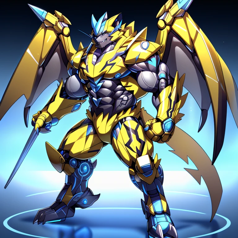 (ZERAORA, 8K), (Zeraora's giant robot, Powered exoskeleton with the same design as Zeraora), (Masterpiece, highres) (Detailed head, Detailed Body, Detailed abs, full body) (gigantic muscles, Gigachad Muscular, big muscle, pecs, triceps, traps, unusually developed muscular body, body full of huge muscles. showing off muscles, pectorales enormes, Exaggeratedly huge muscles.) (nj5furry, The claws are sharp, Sharp teeth, sharp claws), (long legs), (Spread wings, It has wings, have big wings, golden wings), (Wrestling, wrestler, the bodybuilding), (It has wings, whole body shines like metal, Wearing cyberpunk mecha, emphasizes the muscles, suit fully made of metal, intricate armor, Robotic suit, suit fully made of metal, cyborg),