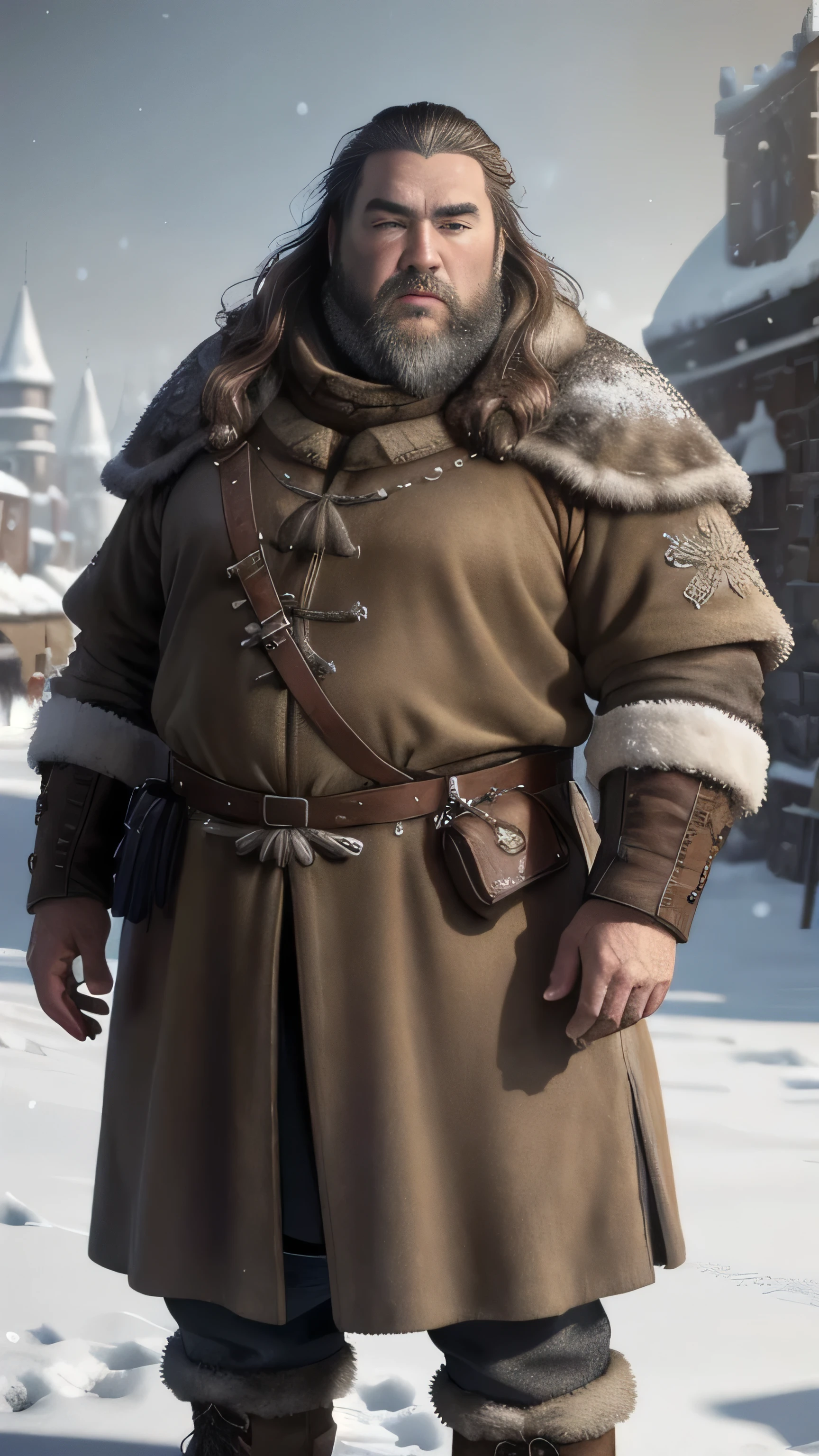 frostpunk, (Mark Addy) as Robert Baratheon, a king, long beard, yellow and brown fur coat, fur boots, standing, in a medival city, cold, winter, snow, Game of Thrones, (1man), (solo), (full body view), beautiful detailed glow, detailed, cinematic light, intricate detail, realistic, highres, detailed facial features, high detail, sharp focus, smooth, aesthetic, extremely detailed, stamp, octane render