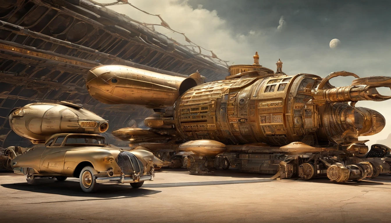 5An avant-garde, awe-inspiring 3D render of a futuristic starship, masterfully blending the imaginative realms of Jules Verne, Cosmicpunk, Gerry and Sylvia Anderson, Larry Niven, and Jules Verne. The spaceship's base design is inspired by 30% of the Babylon 5 station, while its bridge resembles a 75% version of a 1957 Chevy Nomad and a 1980s Mack Truck cab. A breathtaking conceptual art piece showcasing an enormous space station, Deep Space 9 style but in the shape of Babylon 5. In the style of protovision and 3D render, the station is surrounded by six O'Neal Class space stations, arranged in equilateral formation, with one in the center. The space station is as massive as 10 times Saturn and generates its own power, illuminating the surrounding area with vibrant glass and crystal diamond-like structures. It's a world memorizing world into itself. At the zenith, of the structure is the command center, in the shape of a metallic gold wired constructed circular 1974 Winnebago. This cinematic scene, inspired by Walter Matt Jeffries, Arthur C Clarke, & Leonardo Da Vinci, features a massive bustling spaceport with hundreds of starships constantly arriving and departing, while the background showcases a stunning cosmic landscape of stars, a nebula, and a comet. It's in 2 million UHD Resolution. The overall composition is a masterful blend of architecture, portrait photography, and the vision of life in the year 5,000., conceptual art, fashion, cinematic, photo, dark fantasy, 3d render, portrait photography, graffiti, architecture, Vibrant Glass.