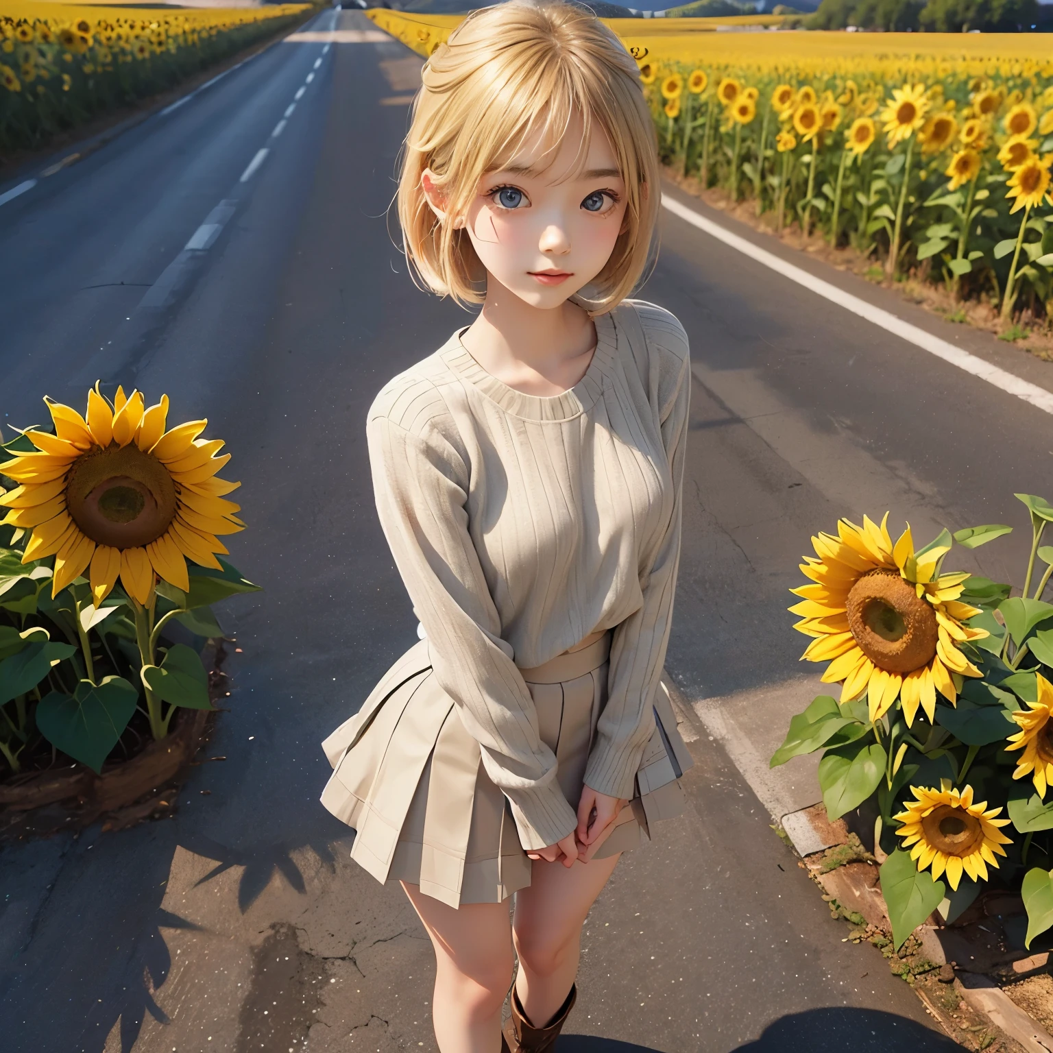 detailed face, cute face, masterpiece, top quality, super detailed, illustration, wide angle, one girl standing in the middle of the road, alone, yellow sunflower field on the middle road and roadside, full body, 20s, blonde hair, sweater, short skirt, fashion,, composition, balance, harmony, rhythm, color, light, shadow, reflection, refraction, tone, contrast, foreground, middle way, background, naturalistic, figurative, expressive.